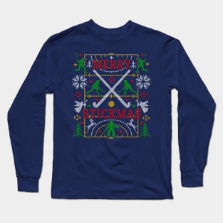 Funny Field Hockey Ugly Christmas Sweater Party Merry Stickmas Long Sleeve T-Shirt